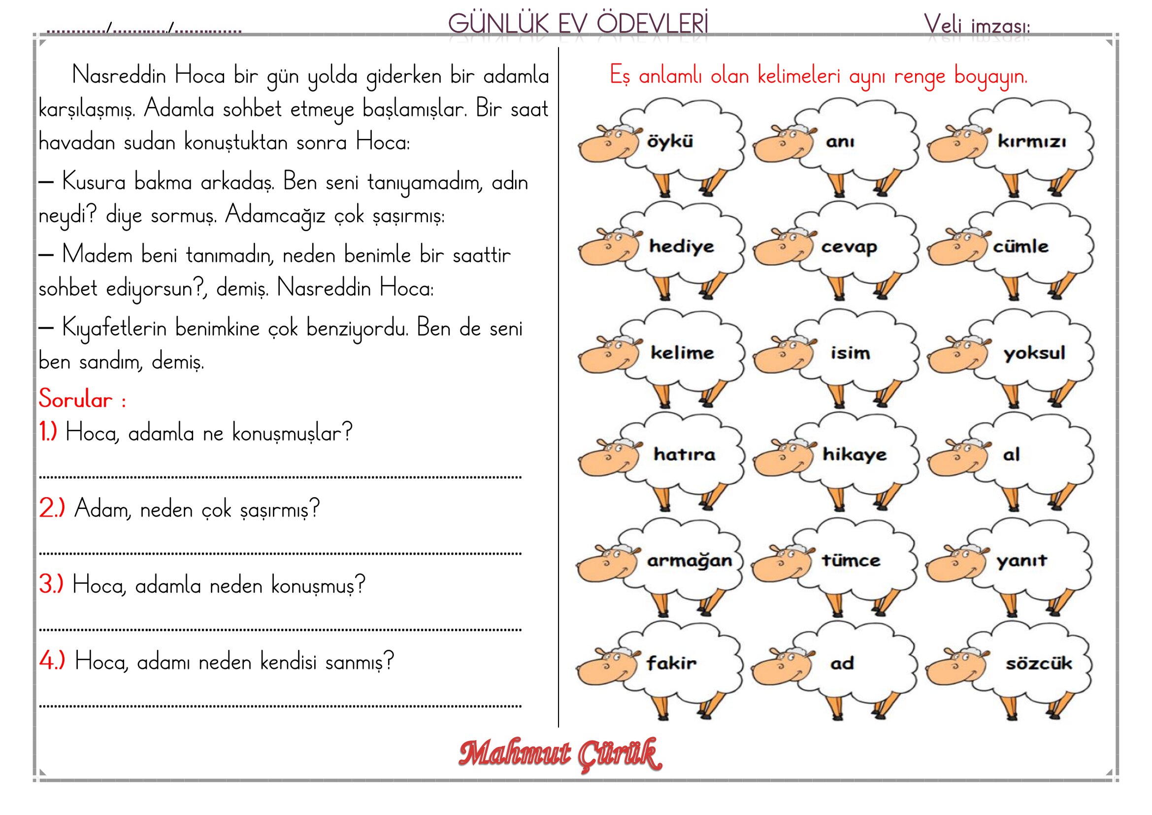 1.Sınıf - 08 Haziran 2026 Günlük Ev Ödevleri