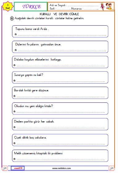 3. Sınıf Türkçe Kurallı Cümle Etkinliği