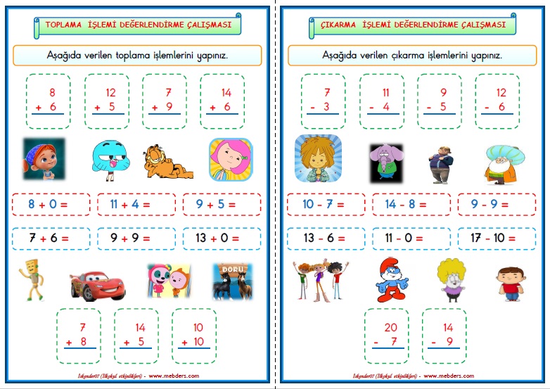 1.Sınıf Matematik Toplama ve Çıkarma İşlemi Değerlendirme Çalışması  (24 tane - 2 Sayfa)