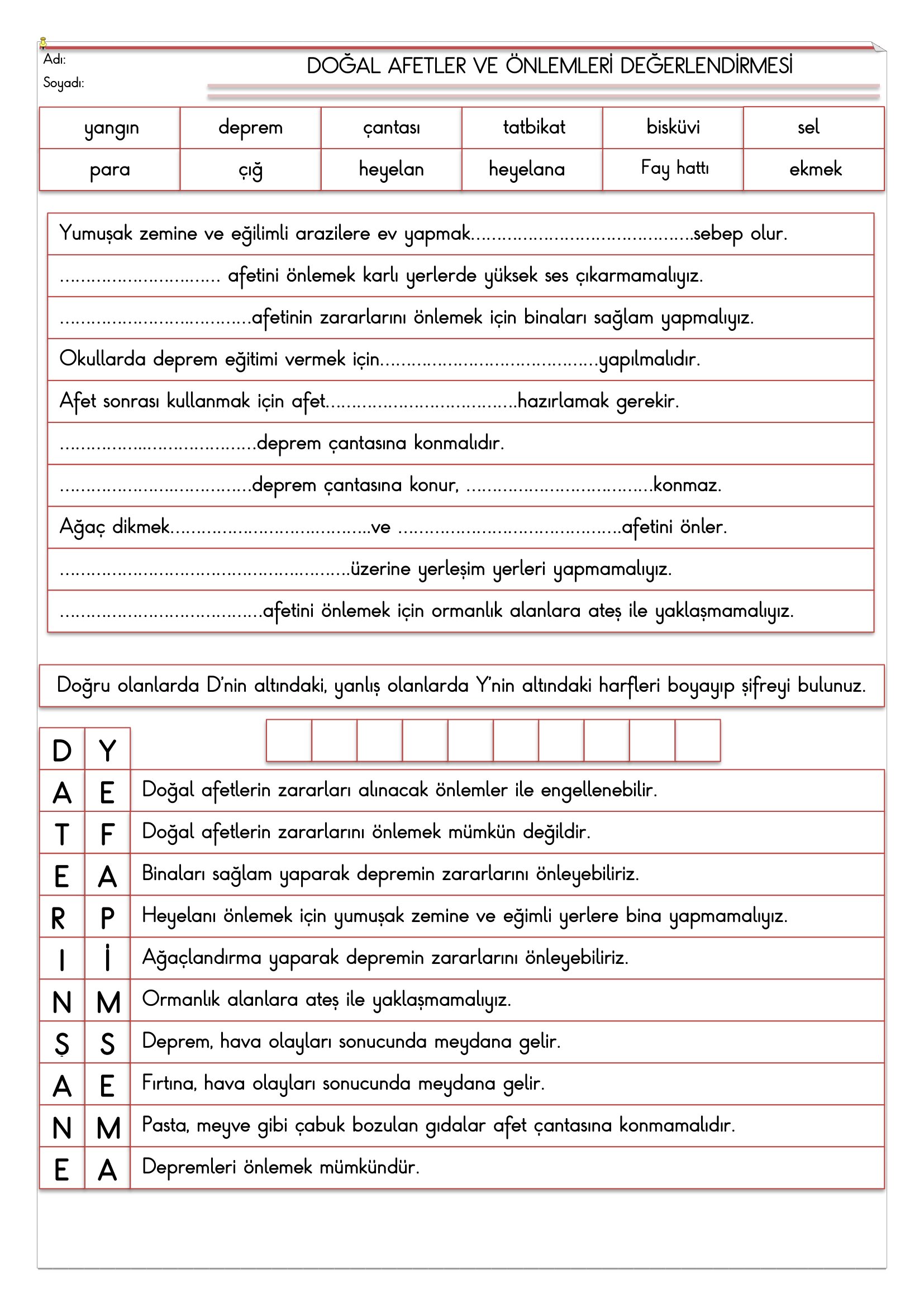 2.Sınıf - Hayat Bilgisi Doğal Afetler ve Önlemleri Değerlendirmesi