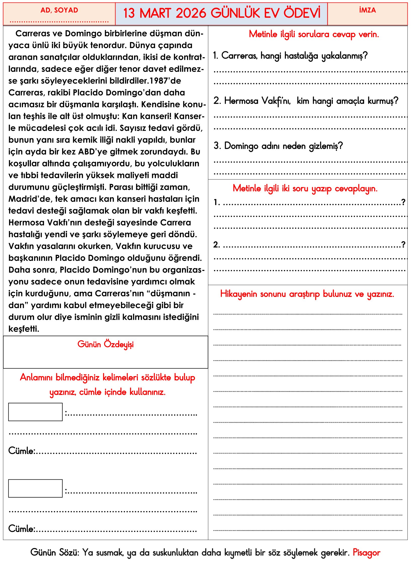 3.Sınıf - 13 Mart 2026 Günlük Ev Ödevleri