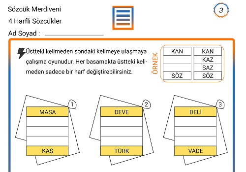 Sözcük Merdiveni Zeka Etkinliği 3 (4 Harfli Sözcükler)