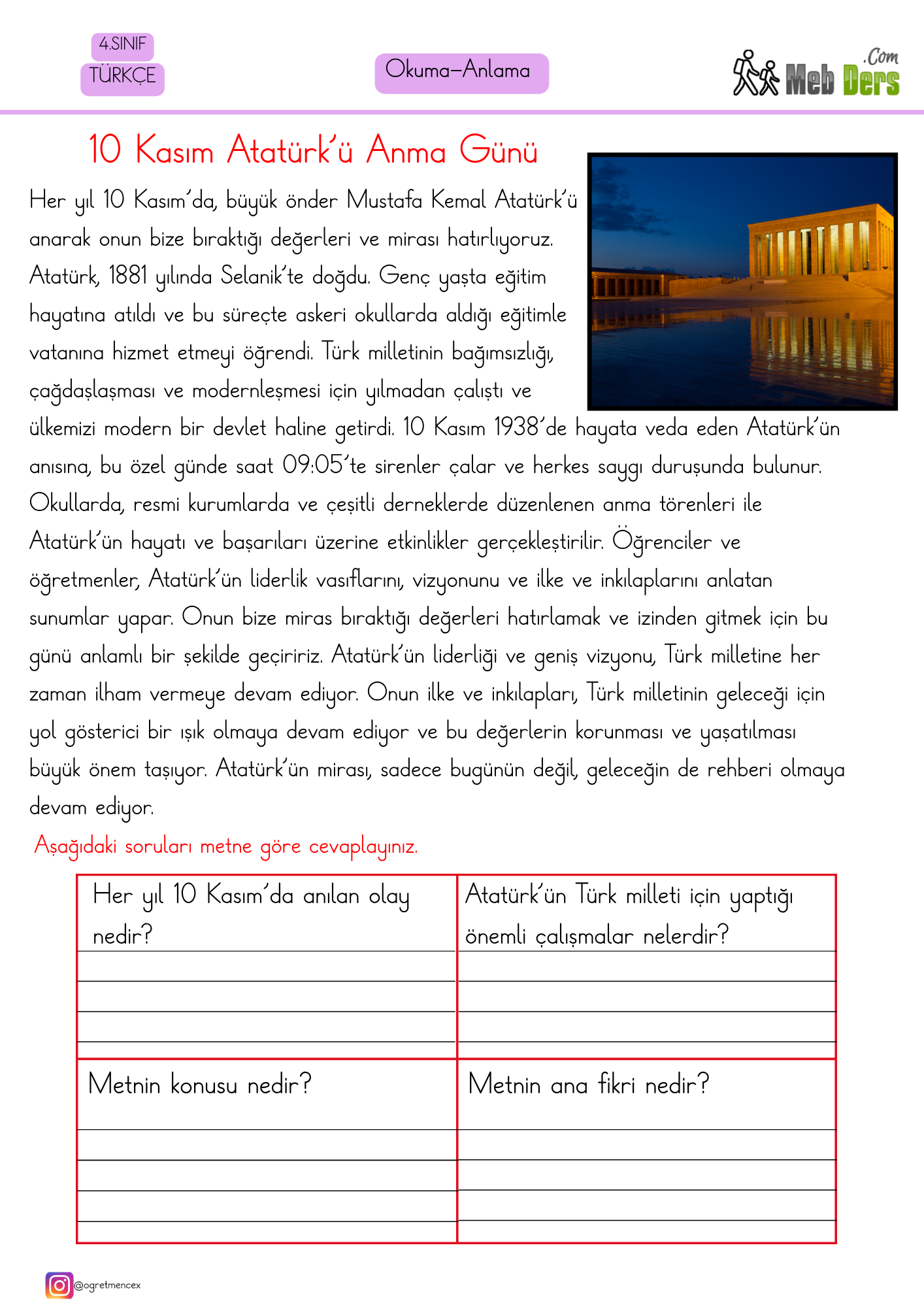 4. Türkçe Okuduğunu Anlama Çalışması 1