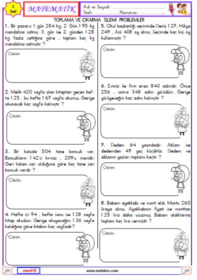 3. Sınıf Matematik Toplama ve Çıkarma İşlemi ile İlgili Problemler Etkinliği 2