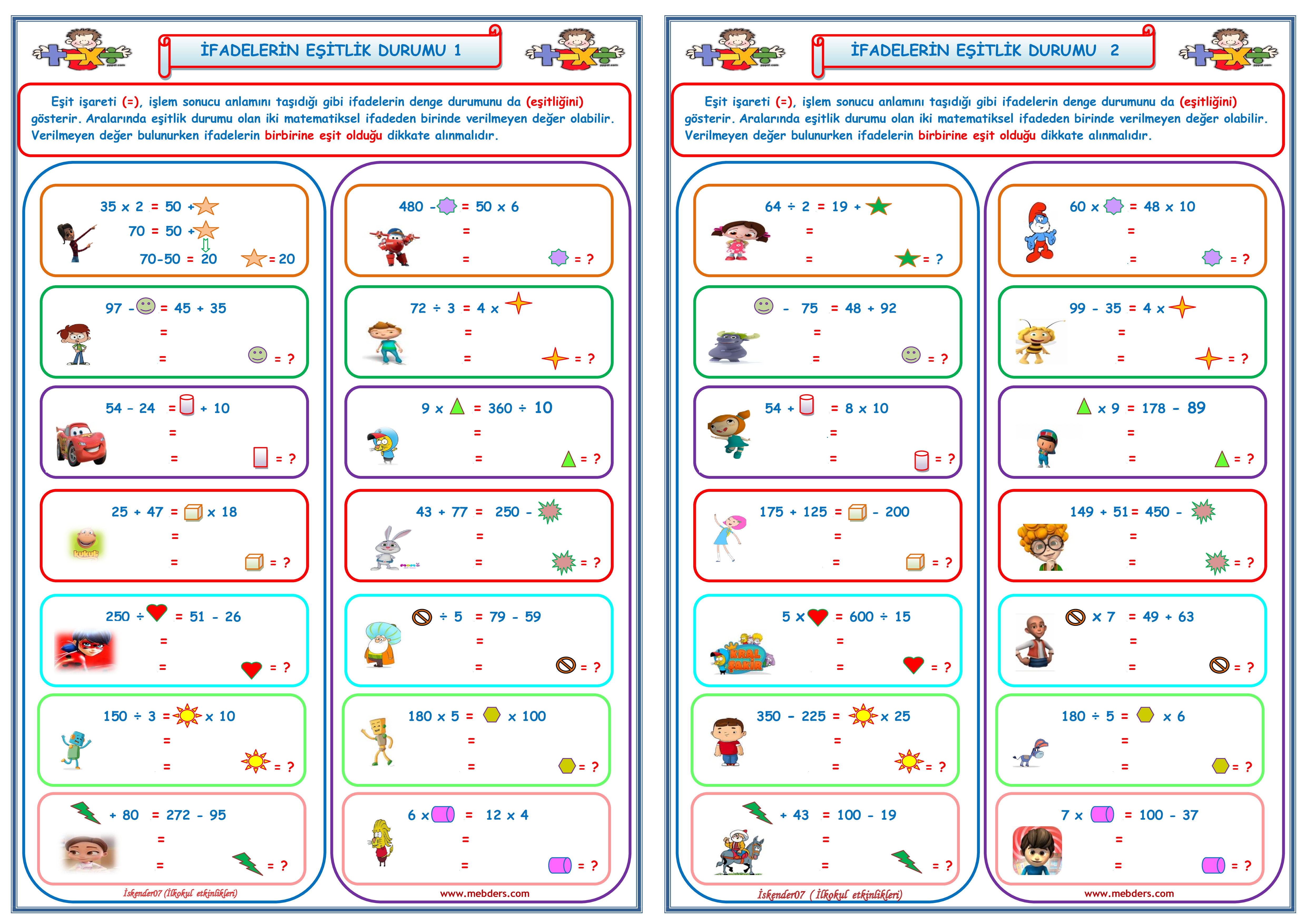 4.Sınıf Matematik İfadelerin Eşitlik Durumları 1-2    (2 Sayfa)