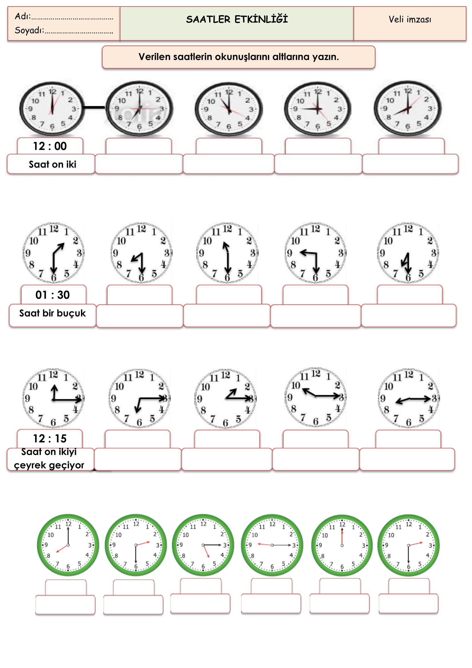 2.Sınıf - Matematik - Saatler Etkinliği-1