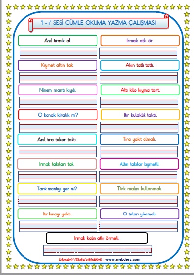 1.Sınıf I-ı Sesi Cümle Okuma Yazma Çalışması  (17 Farklı Cümle)