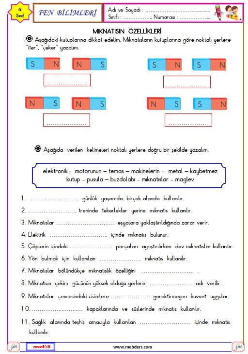 4. Sınıf Fen Bilimleri Mıknatısın Özellikleri Etkinliği 2