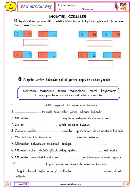 4. Sınıf Fen Bilimleri Mıknatısın Özellikleri Etkinliği 2