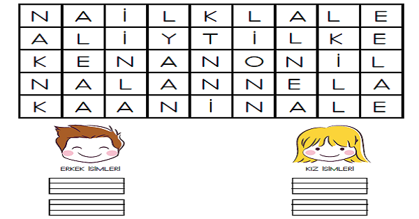 1.Sınıf İlk Okuma Yazma (N-n Sesi) Kız-Erkek İsimleri Bulmaca Etkinliği