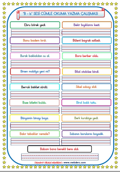 1.Sınıf B-b  Sesi Cümle Okuma Yazma Çalışması  (17 Farklı Cümle)