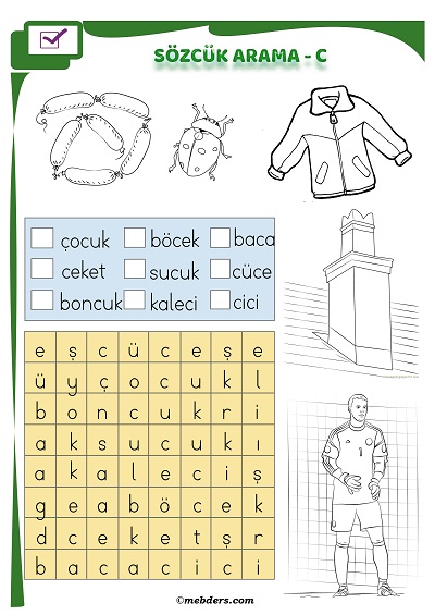 1.Sınıf İlkokuma Boyamalı Sözcük Arama Etkinliği - C Sesi