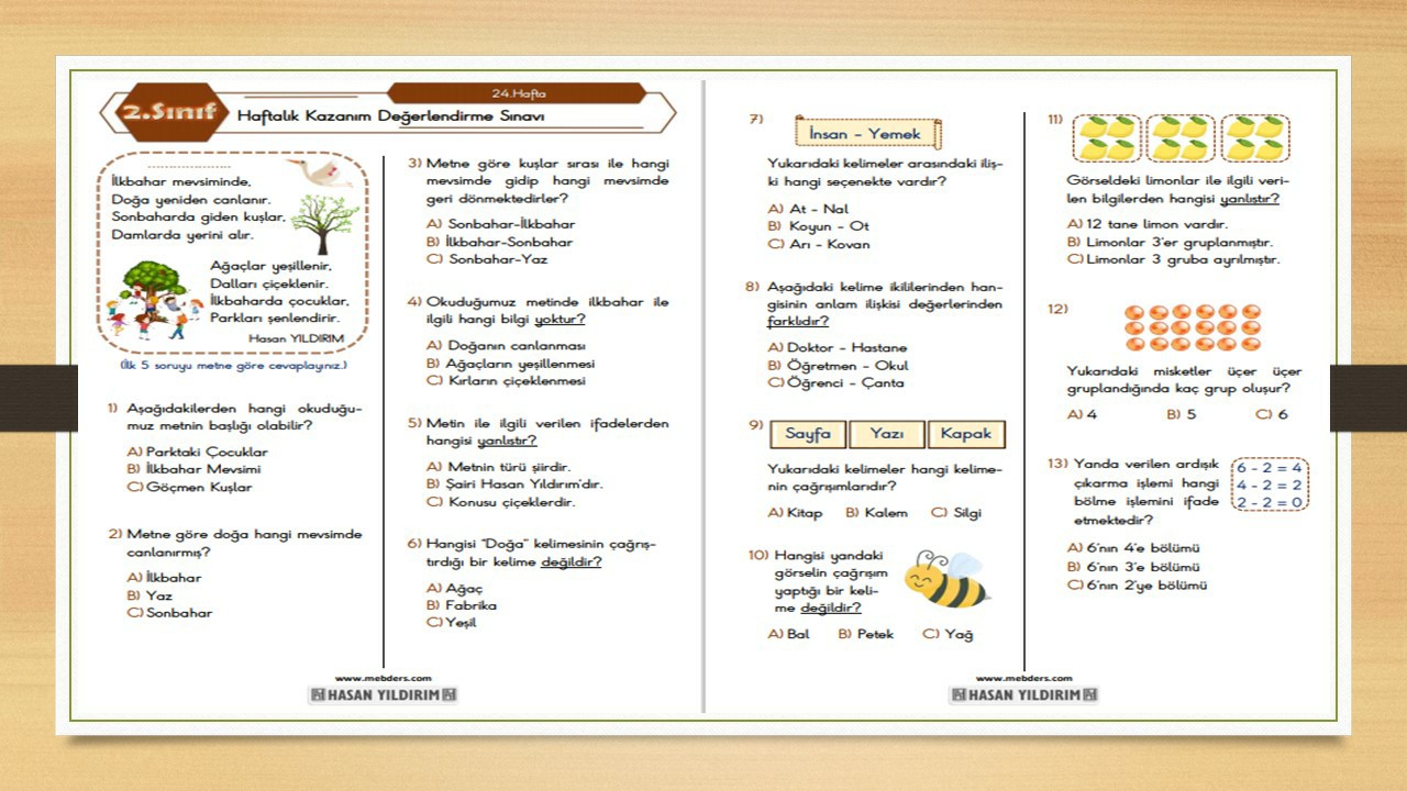 2.Sınıf Haftalık Değerlendirme Testi-24.Hafta(29 Mart-2 Nisan)