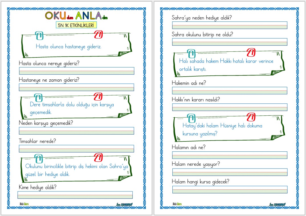 1. Sınıf İlk Okuma Yazma H Sesi OKUMA ANLAMA (5N 1K)