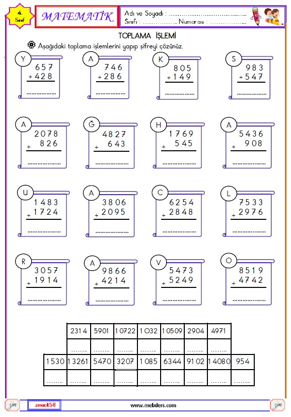 4. Sınıf Matematik Toplama İşlemi Etkinliği 1