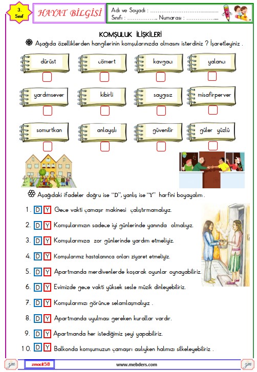 3. Sınıf Hayat Bilgisi Komşuluk İlişkileri Etkinliği