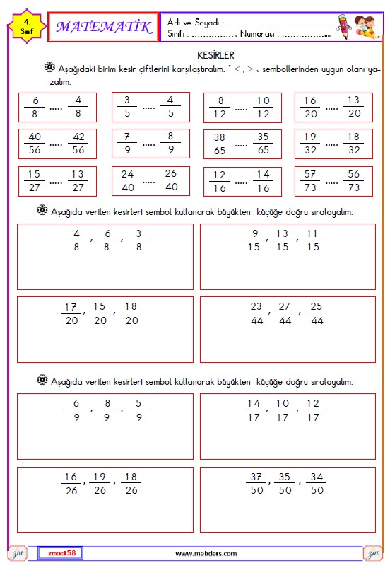 4. Sınıf Matematik Kesirlerde Karşılaştırma-Sıralama ve Toplama İşlemi Etkinliği 7