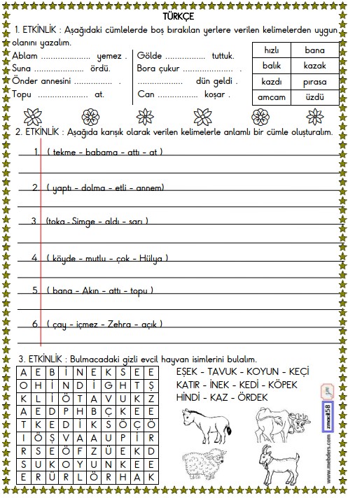 1. Sınıf Türkçe Boşluk Doldurma ve  Cümle Oluşturma Etkinliği 18