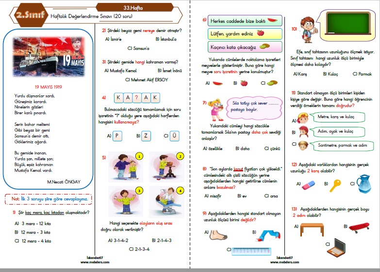 2.Sınıf Haftalık Değerlendirme Testi - 33.Hafta (22-26 Mayıs)