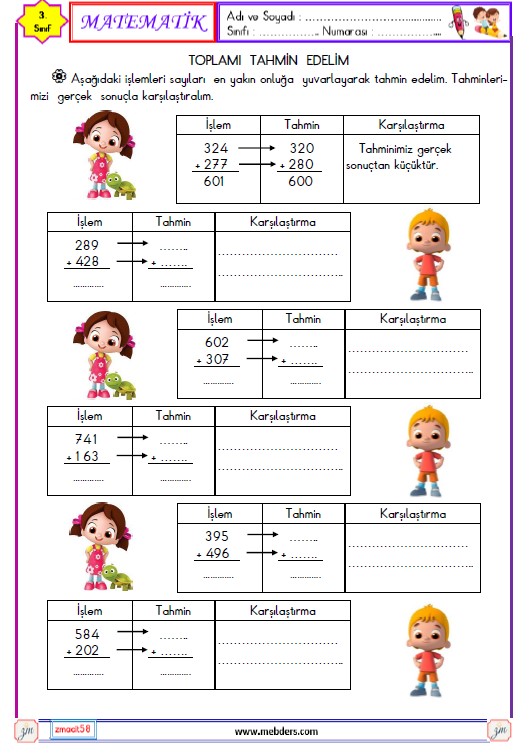 3. Sınıf Matematik Toplamı Tahmin Edelim Etkinliği 2