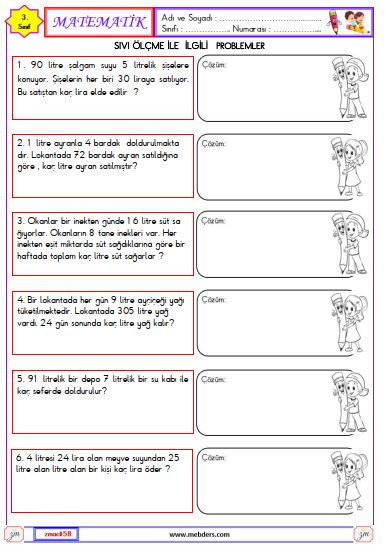 3. Sınıf Matematik Sıvıları Ölçme ile İlgili Problemler Etkinliği 4