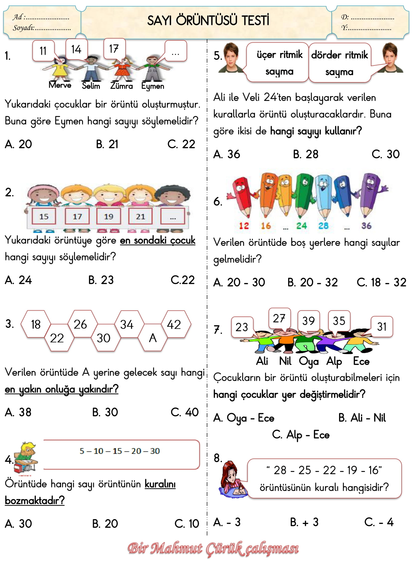 2.Sınıf Matematik Sayı Örüntüleri Testi
