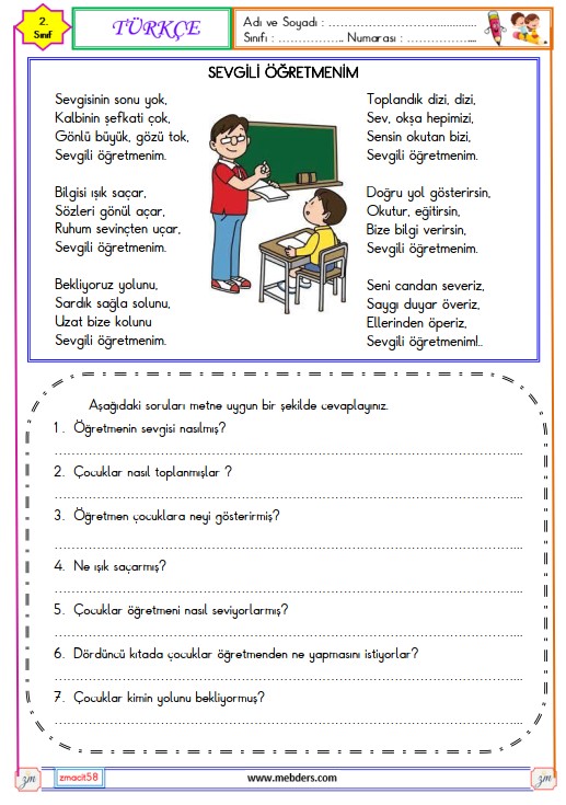 2. Sınıf Türkçe Okuma ve Anlama Etkinliği (Sevgili Öğretmenim)