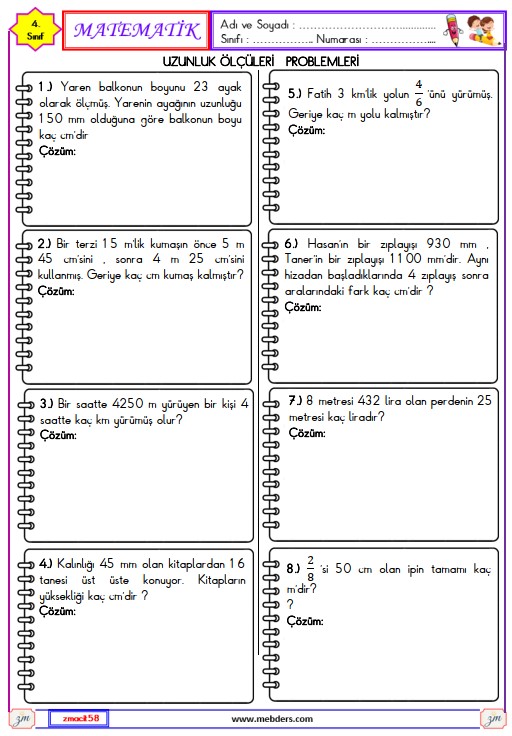 4. Sınıf Matematik Uzunluk Ölçme Problemleri Etkinliği 7