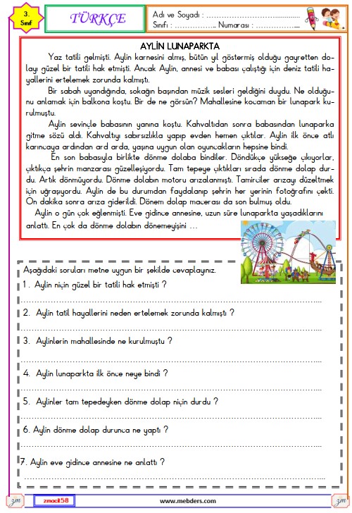 3. Sınıf Türkçe Okuma ve Anlama Metni  Etkinliği ( Aylin Lunaparkta )