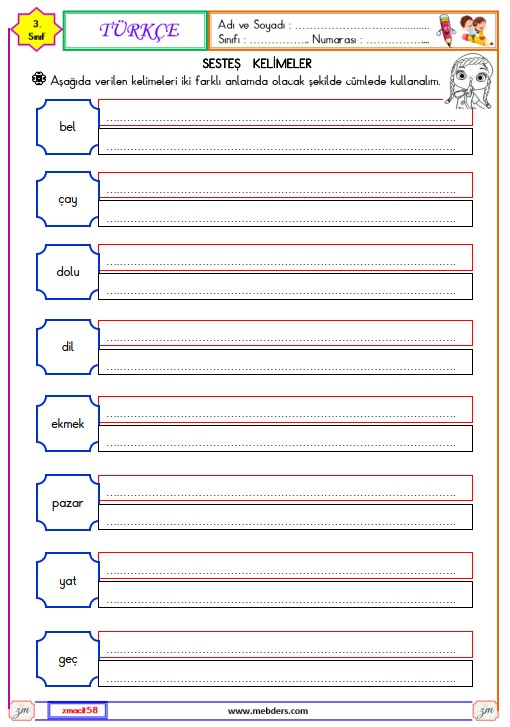 3. Sınıf Türkçe Sesteş Kelimeler Etkinliği 1
