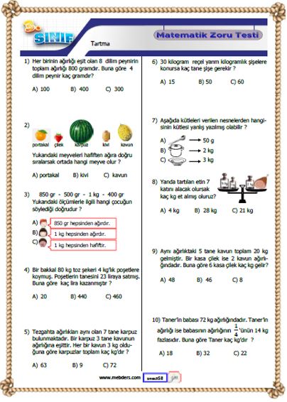 3.Sınıf Matematik Tartma Kazanım Testi