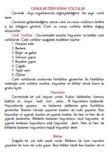 3. Sınıf Fen Bilimleri Canlılar Dünyasına Yolculuk Konu Özeti