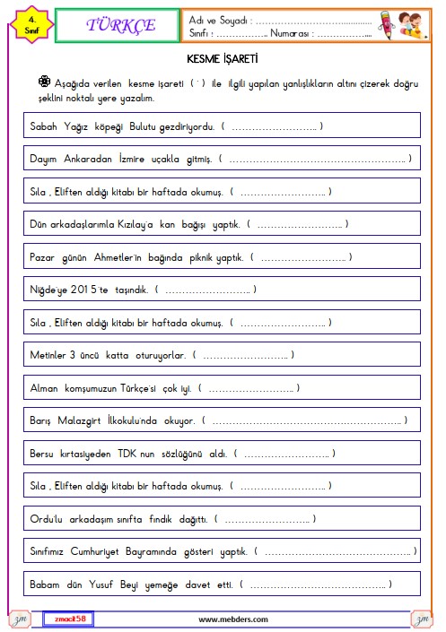 4. Sınıf Türkçe Kesme İşareti Etkinliği 4
