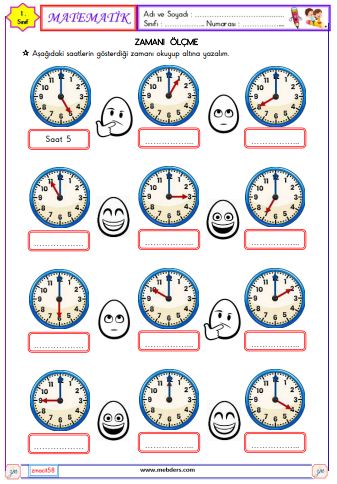 1. Sınıf Matematik Zamanı Ölçme ve Saat Etkinliği 2
