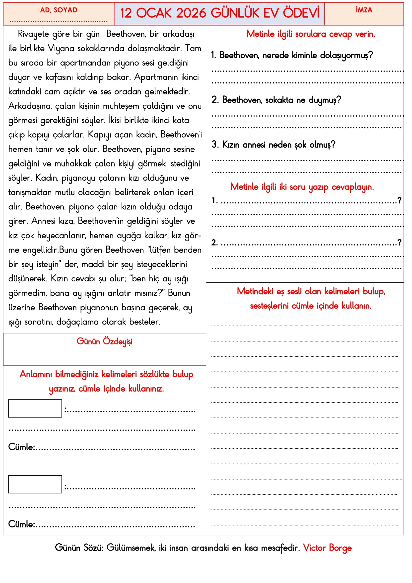 3.Sınıf - 12 Ocak 2026 Günlük Ev Ödevleri