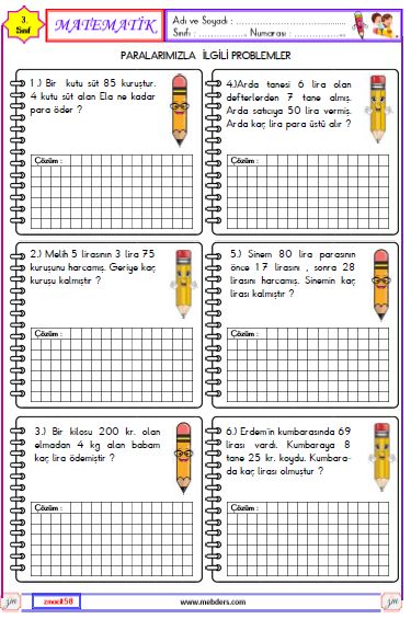 3. Sınıf Matematik Paralarımızla İlgili Problemler Etkinliği 1