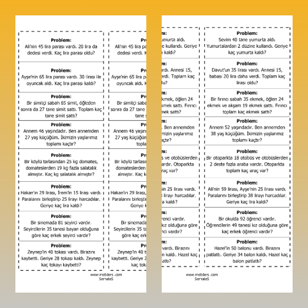 2. Sınıf Matematik -  İki İşlemli Problemler Defter Etkinliği