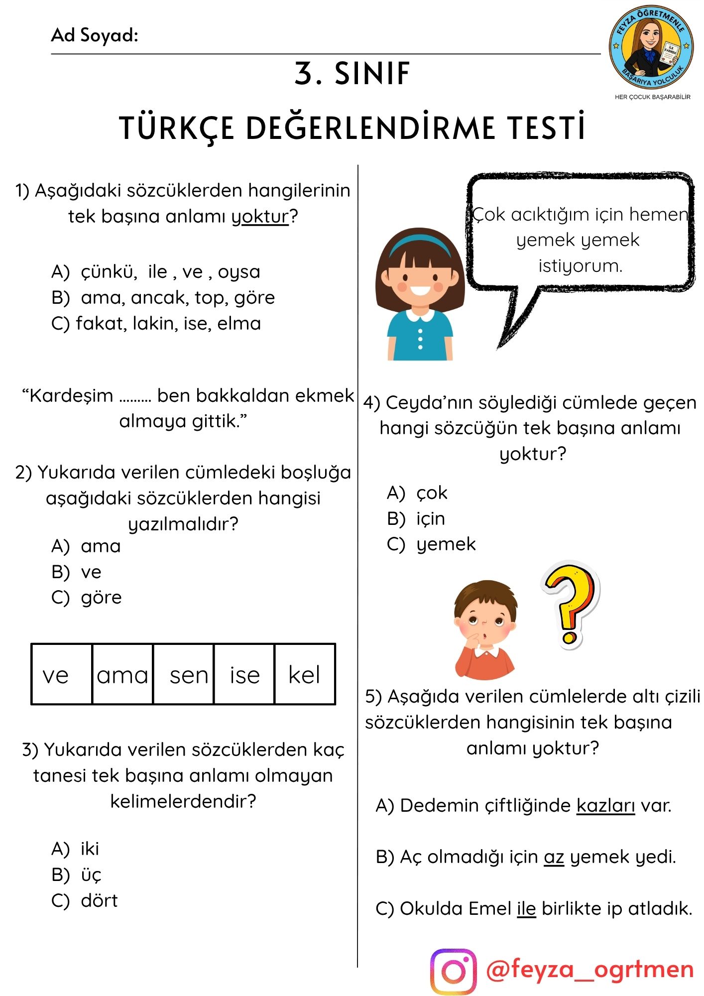 3. Sınıf Türkçe- Matematik Haftalık Değerlendirme Testi