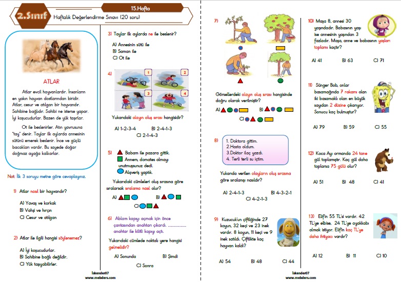 2.Sınıf Haftalık Değerlendirme Testi - 15.Hafta (20-24 Aralık)