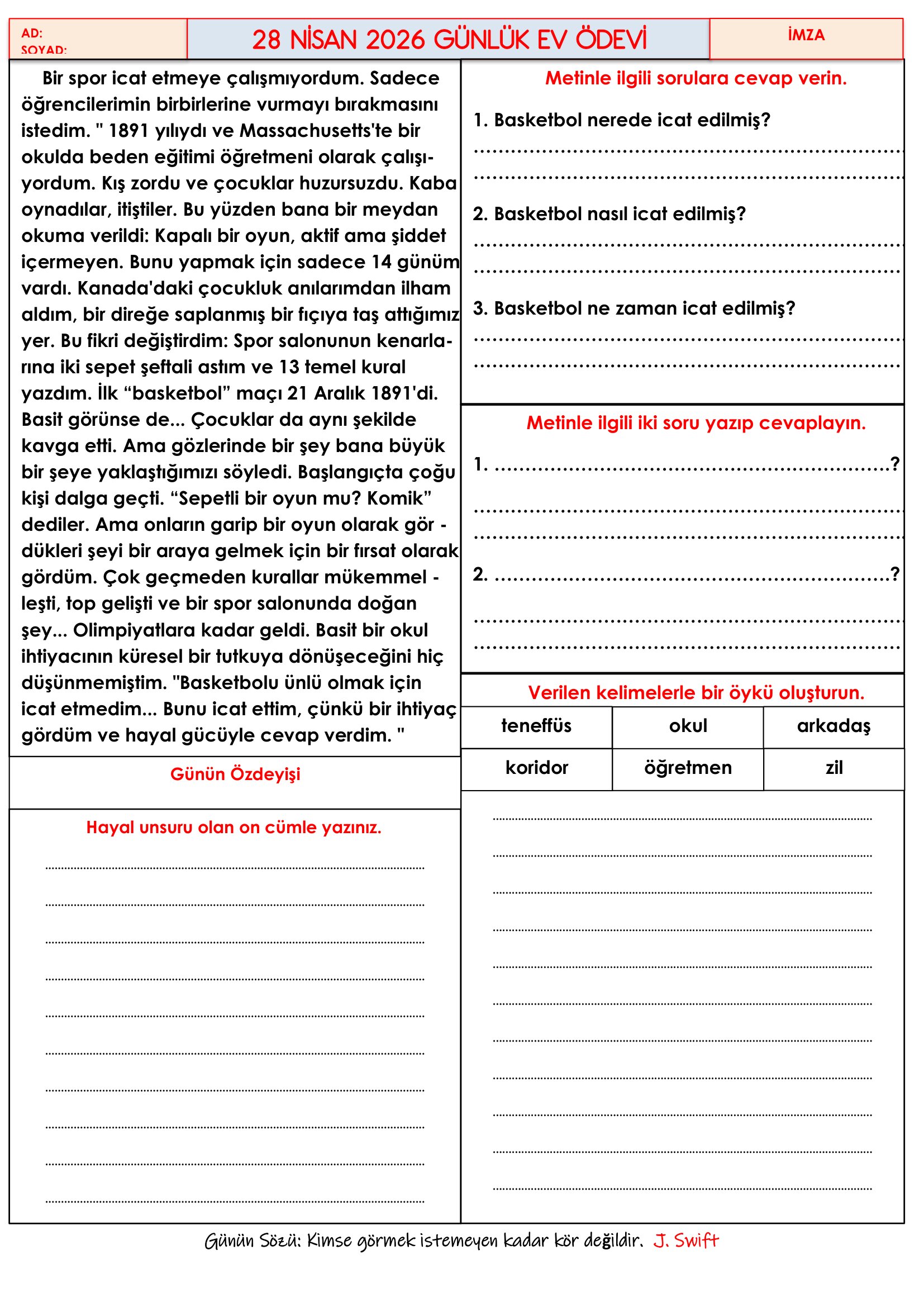 4.Sınıf - 28 Nisan 2026 Günlük Ev Ödevleri