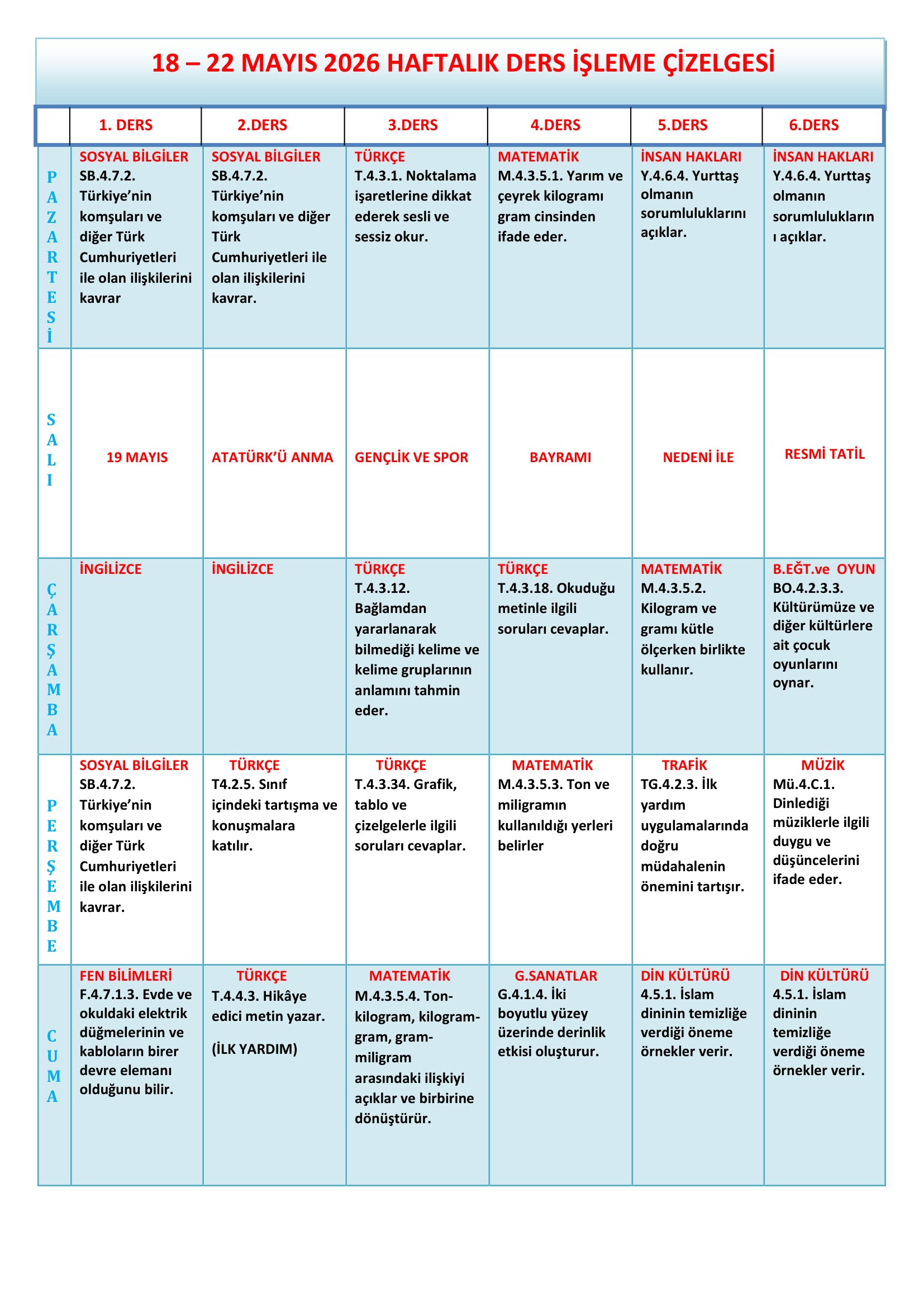 4.Sınıf 18 - 22 Mayıs 2026 Haftalık Ders İşleme Çizelgesi.doc
