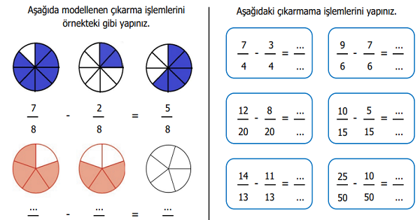 4.Sınıf Matematik Paydaları Eşit Kesirlerde Çıkarma İşlemi Etkinliği 1