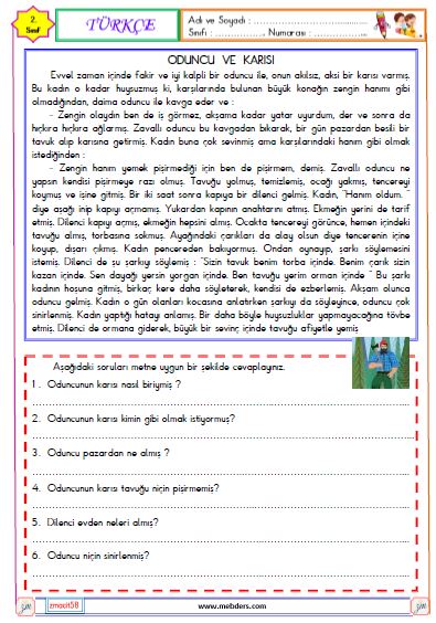 2. Sınıf Türkçe Okuma ve Anlama Metni Etkinliği ( Oduncu ve Karısı )