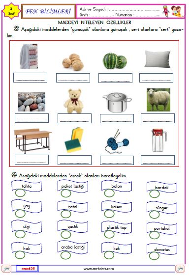 3. Sınıf Fen Bilimleri Maddeyi Niteleyen Özellikler Etkinliği 1
