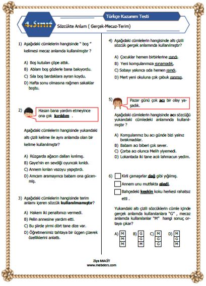 4. Sınıf Türkçe Sözcükte Anlam Kazanım Testi