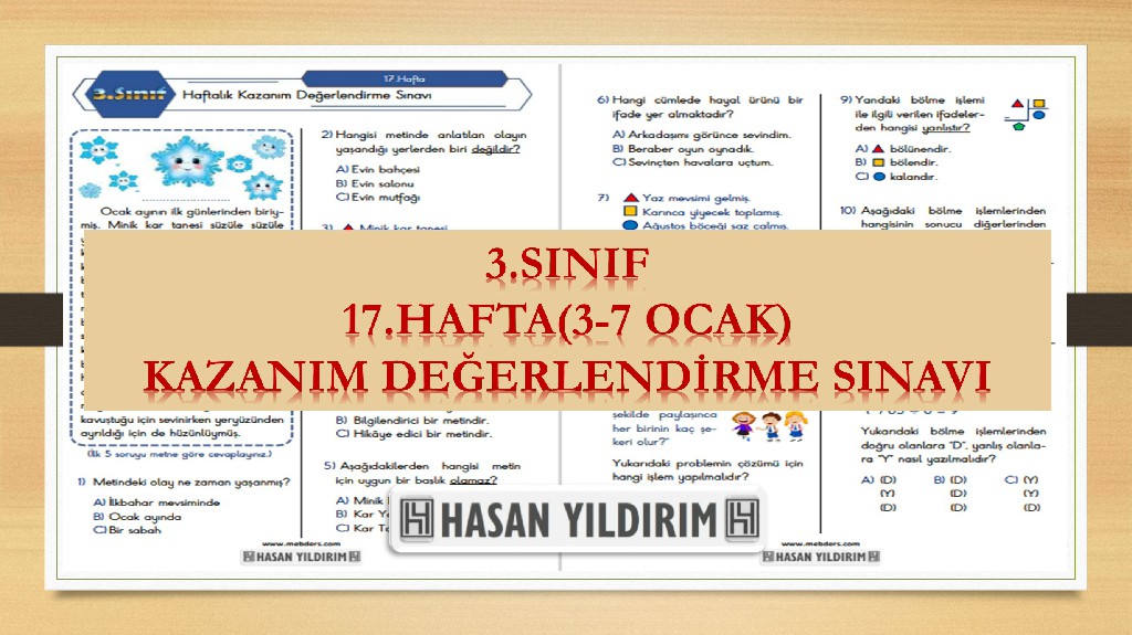 3.Sınıf Haftalık Değerlendirme Testi-17.Hafta(3-7 Ocak)