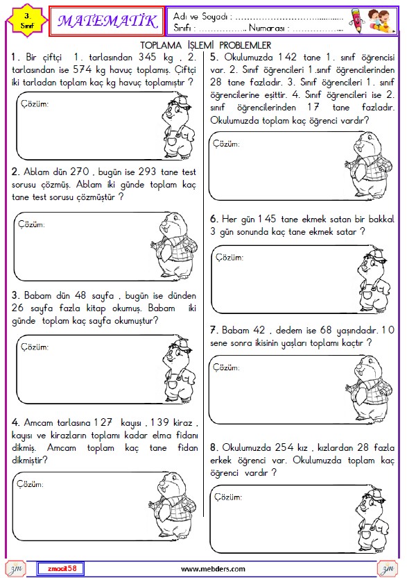 3. Sınıf Matematik  Toplama İşlemi Problemleri Etkinliği  1