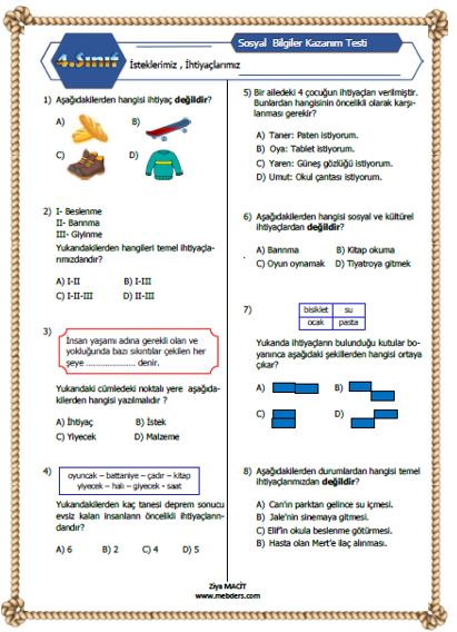 4. Sınıf Sosyal Bilgiler  İsteklerimiz , İhtiyaçlarımız  Testi