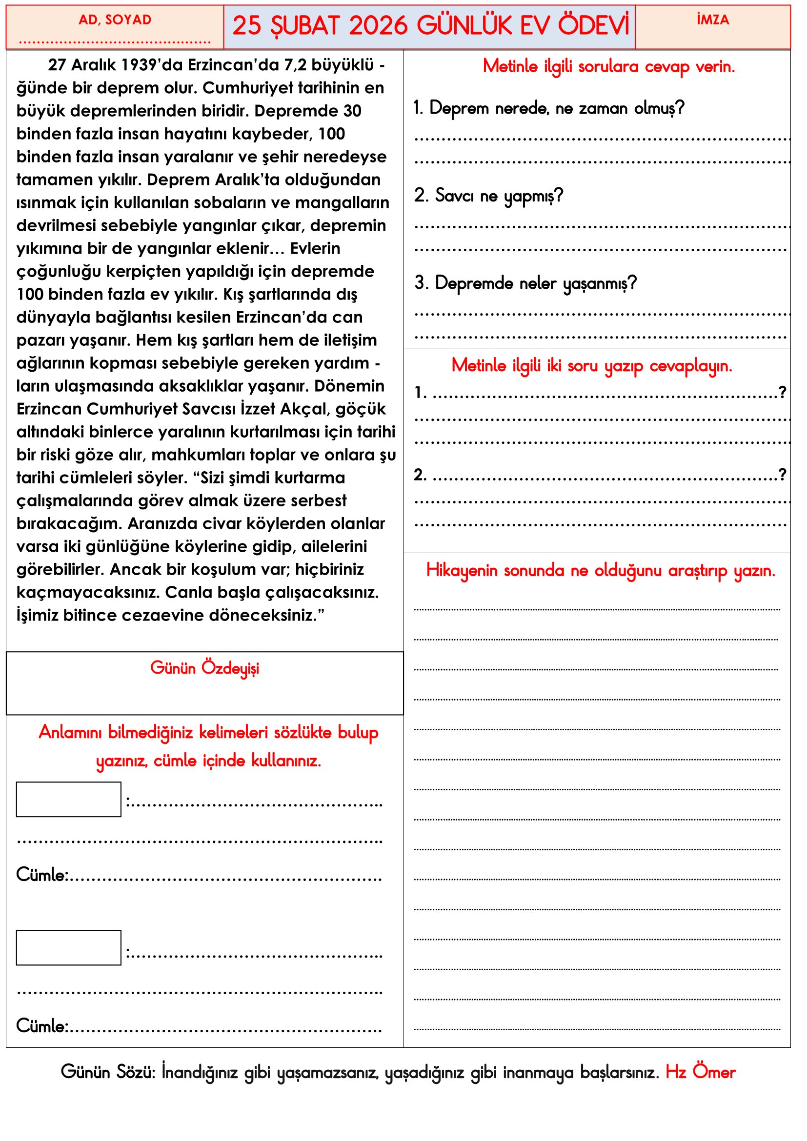 3.Sınıf - 25 Şubat 2026 Günlük Ev Ödevleri