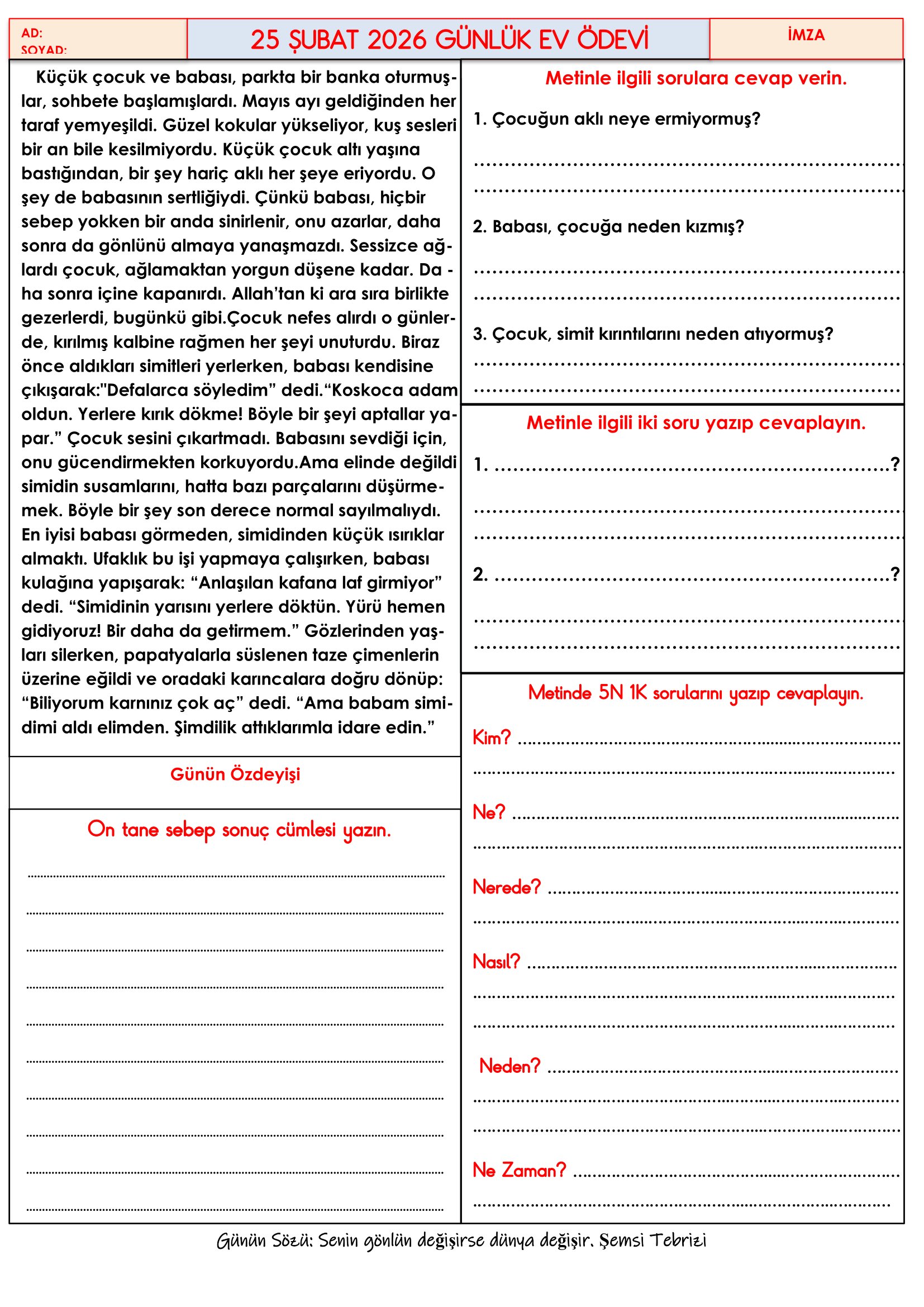 4.Sınıf - 25 Şubat 2026 Günlük Ev Ödevleri